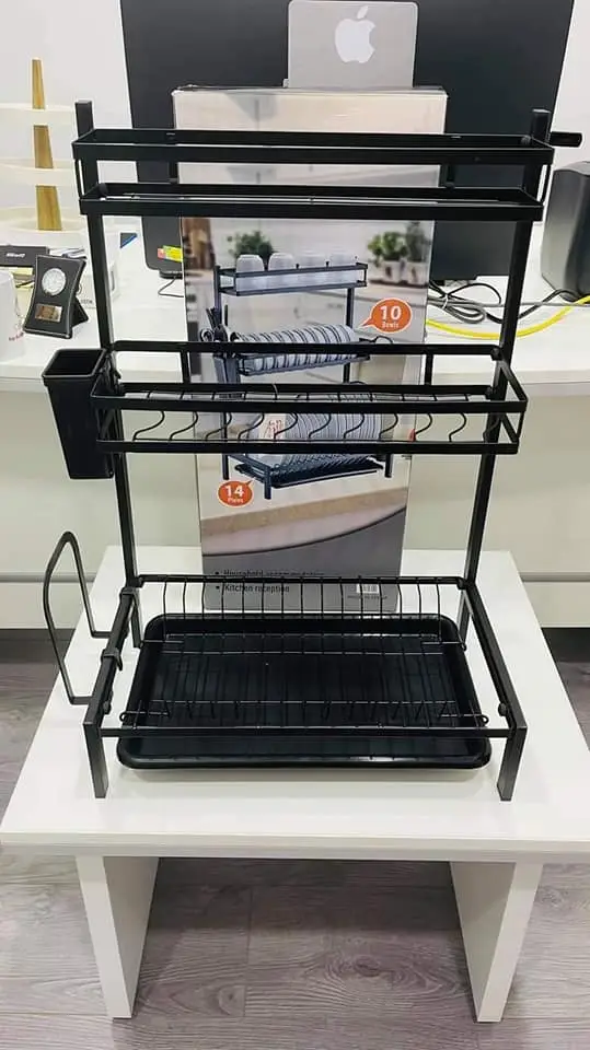 Dish Drying Rack 3-Tier Dish Rack with Utensil Holder, Cutting Board Holder and Dish Drainer for Kitchen Counter (Black, 3 layer)