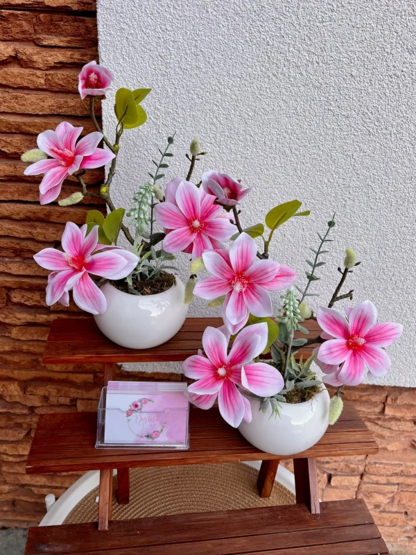 Charming Miniature Magnolia Flower Pots — Pink & Blue Set  Elegant Duo-Color Artificial Flowers in Sleek White Ceramic Pots