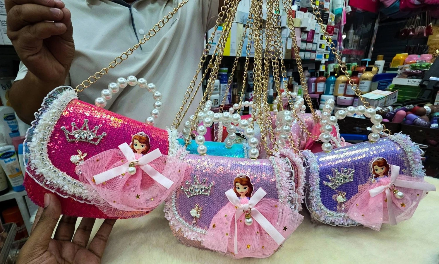 Premium Princess Sophia Sequin Handbag for Kids (With Pearl Handle & Gold Chain)