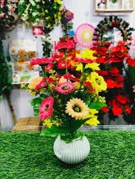 Elegant Artificial Flower Potted Plants for Home & Office Decor  Premium Vibrant Faux Floral Set with Textured Ceramic Pots