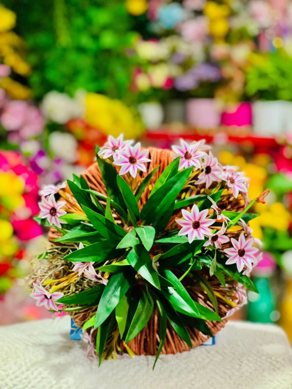 Elegant Pink & White Floral Arrangement in Round Wicker Basket  Rustic Circular Flower Showpiece for Aesthetic Home Decor