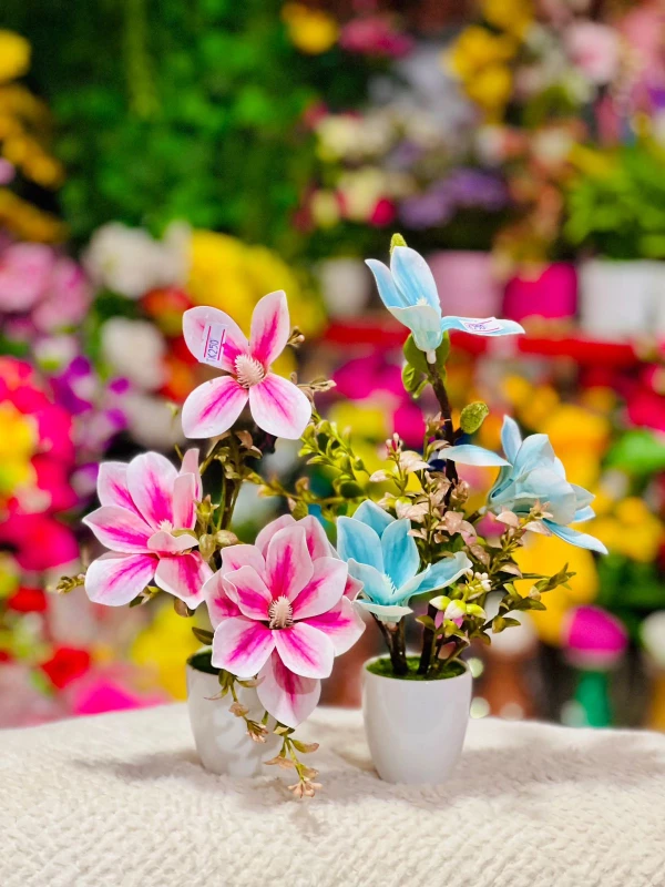 Charming Miniature Magnolia Flower Pots — Pink & Blue Set  Elegant Duo-Color Artificial Flowers in Sleek White Ceramic Pots