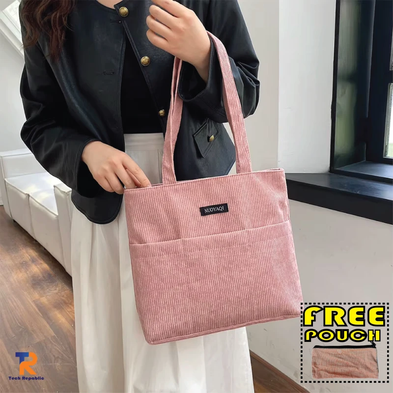 Trendy Corduroy Tote Bag for University Students with Free Mini Pouch