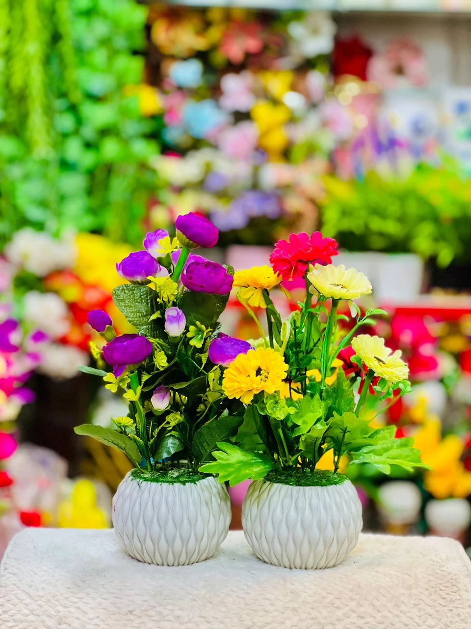 Elegant Artificial Flower Potted Plants for Home & Office Decor  Premium Vibrant Faux Floral Set with Textured Ceramic Pots